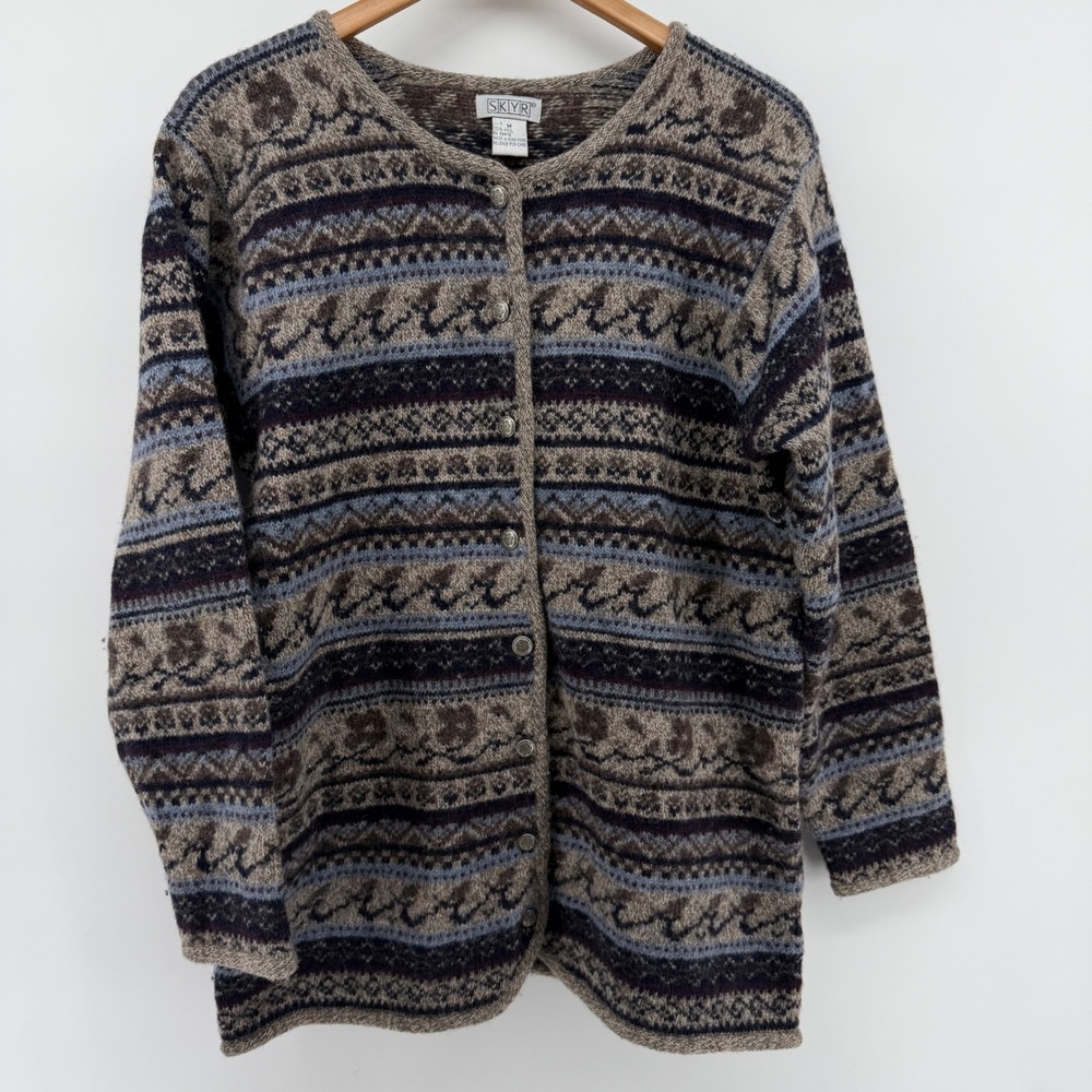 Skyr Vintage 100% Wool Fair Isle Cardigan Sweater Brown Blue Purple Medium